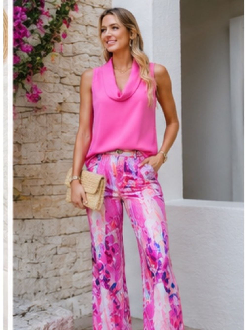 Trina Turk Hot Pink Cowl Neck Sleeveless Blouse Top Small Barbiecore Resort